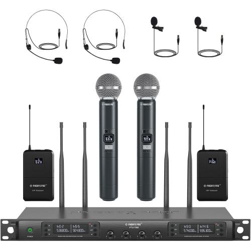 Phenyx Pro 4-Channel Wireless Microphone System w/Auto Scan, 4x40 UHF Frequencies, 2 Handheld Dynamic Mics, 2 Bodypacks & Headsets/Lapel Microphones for Singing, DJ, Church (PTU-7000-2H2B)