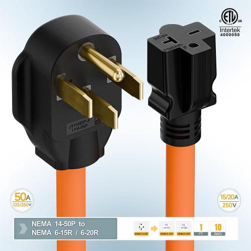 Orange STW Heavy Duty Nema 14-50P 50-AMP Plug Male to 6-20R/6-15R T-Blade Adapter, 4-Prong 250V to 20A 250V 6-20/15R Adapter, 14-50 to 6-20R EV Dryer Adapter