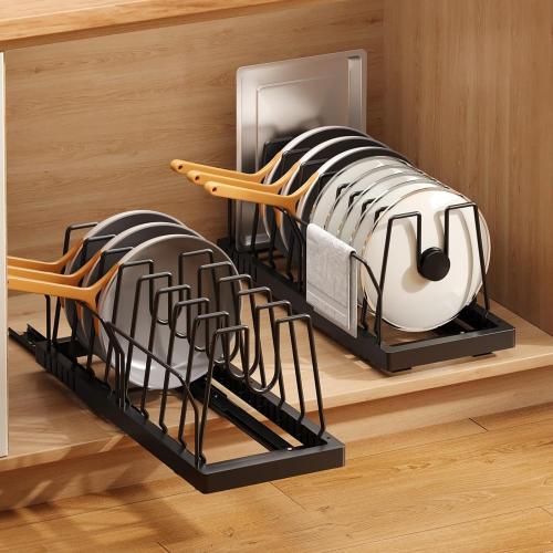 2 Pack Pots and Pans Organizer Under Cabinet, 21.6 Deep Pull Out Pot Lid Organizer Holder with Guardrail Adhesive Pot and Pan Holder Rack with 10 Adjustable Dividers(Black)