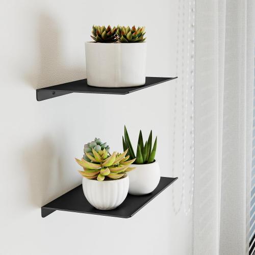 MKO 8 Small Floating Shelves for Wall, Metal Wall Mounted Shelf for Bathroom, Bedroom, Living Room, Kitchen, Little Mini Tiny Display Hanging Shelves for Books/Storage/Room Decor 2 Packs, Black