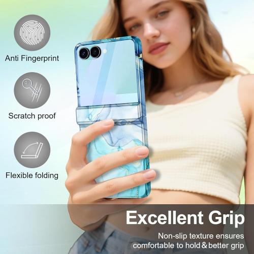 Blue Cyan Btscase for Samsung Galaxy Z Flip 7 Case,Built in Front Screen Protector,Gold Glitter Marble Pattern Hard PC Slim Shockproof Full Body Drop Protective Case for Galaxy Z Flip 7 5G (2025)