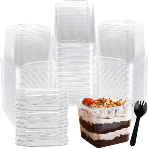 Rainmae 12oz Disposable Plastic Dessert Cups with Lids Parfait Cups with Lids Fruit Cups with Lid Appetizer Cups Sporks Square Clear Cups for To Go Iced Coffee, Bubble Boba Tea, Milkshake 50-Pack