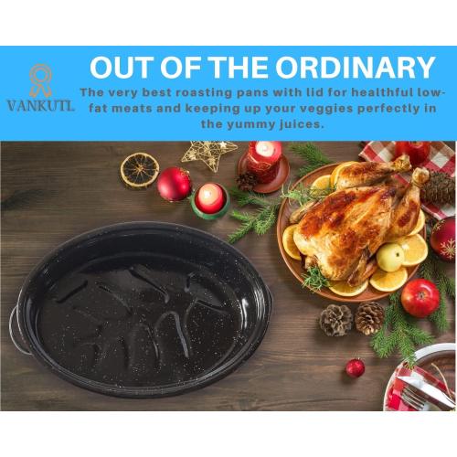 16 Inch Roasting Pan with Lid - Covered Oval Roaster - Enamel Carbon Steel Roaster Pot - Excellent Heat Distribution and Non-sticky - for Turkey Chicken Meat & Vegetables -Birthday and Holiday gifts