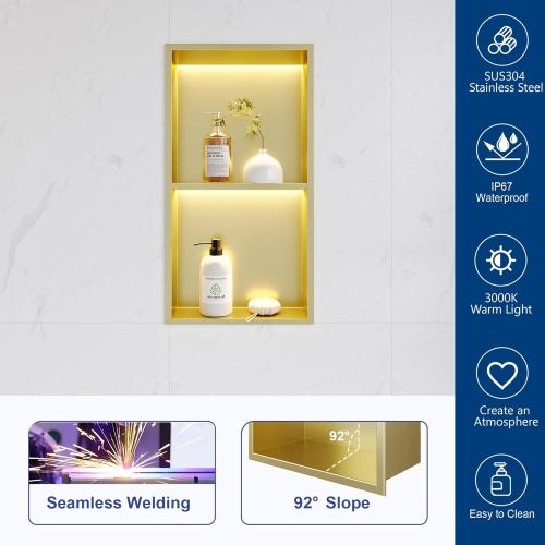 Neohomee 2-Tiers 12x24 Shower Niche with LED Light Strips, Golden Recessed Wall Cabinet, Stainless Steel Wall Niche for Shower Wall, Waterproof NO Tile Needed Storage Organizer (3000K LED Light)