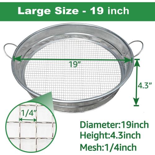 19'' Extra Large Soil Sifter with Handles, Compost Sifter for Gardening, Dirt Sifter,Rock Sifter,Garden Sieve for Compost Dirt Rocks Pellet Gravel Sand Leaves,Garden Tool 19 x19x4.3 with 1/4 Mesh