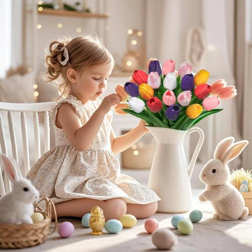 Ouddy Decor 30 Pcs Multicolor Artificial Tulip Flowers PU Real Touch Fake Plants Faux Bouquet for Room Office Table Party Spring Summer Wedding Home Decorations