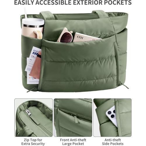 Puffer Tote Bag for Women, Lightweight Puffy Work Handbag Teacher Nurse Quilted Shoulder Bag for School Travel Gym | Cloud Bag w/ Zipper, Daily College Bags, 15.6 Computer Bag, Clinical Nursing Bag, 40 OZ Tumbler Holder, Ideal Gift for Women