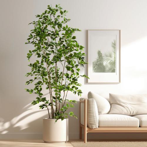 Size 8ft Color Black Artificial Ficus Tree Indoor 8ft, Large Potted Faux Tree with Realistic Silk Leaves & Trunk for Home Office, Living Room Corner Decor