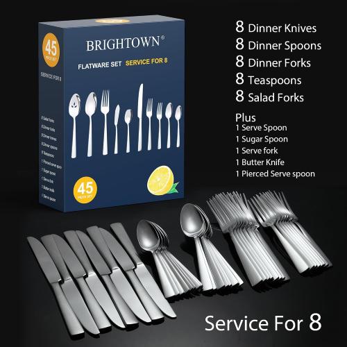 Set of 45-Piece Brightown Silverware Set Flatware Cutlery Set Service for 8, Durable Stainless Steel Tableware in Ergonomic Design Size and Weight, Kitchen Utensil Sets with Steak Knives, Rust-proof, Dishwasher Safe