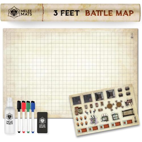 Melee Mats DND Map Starter Kit for Dungeons & Dragons Game - 24” x 36, Wet/Dry Erase Battle Terrain Grid - Ultimate Tabletop Gaming Experience with Accessories