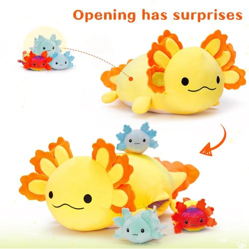 MaoGoLan 4Pcs Giant Axolotl Plush with 3 Babies Inside-23.5 Large Ultra Soft Axolotl Stuffed Animals Throw Pillow-Squishy Stuffed Axolotl Plush Collection Gift for Axolotl Lover,Kids,Teens,Yellow