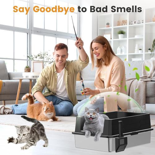 XXXL Stainless Steel Litter Box,Extra Large 28 L x 20 W Metal Litter Box for Big Cats & Multiple Cats with High Sided, Anti-Urine Leakage, Non-Sticky, Easy Cleaning, Include Scoop(Black)