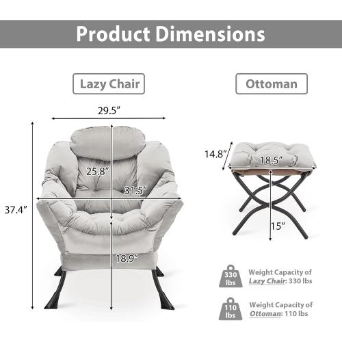 Youtanic Lazy Chair with Folding Ottoman, Accent Chair Velvet Upholstered with Metal Structure and Non-Slip Pads, Sofa Armchair with Footrest and Side Storage Bag for Dorm, Room, Office, Light Gray