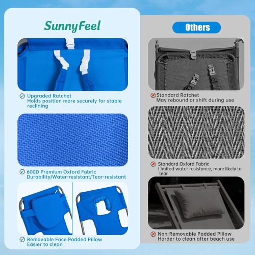 SUNNYFEEL Lay Flat Tanning Chair with Face Down Hole & Arm Slots, Backpack Beach Lounge Chair, 5-Position Folding Sunbathing Chair, 300 LBS Heavy Duty, 72 L x 22 W for Beach, Pool, Camping