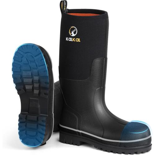 Size 9-10 Kalkal Steel Toe Rubber Boots For Men, Waterproof Rubber Work Boots With Steel Shank, Puncture-Proof Safey Composite Toe Hunting Boots for Farming, Gardening, Fishing, Outdoor Work
