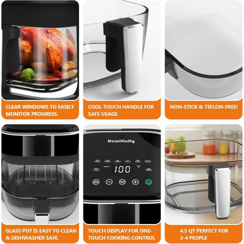 Glass Air Fryer, Non-Toxic Borosilicate Glass Basket with 360° View, Upgraded Food-Grade Stainless Steel Tray, 8-in-1 One-Touch Presets, Teflon-Free & Dishwasher Safe, Black