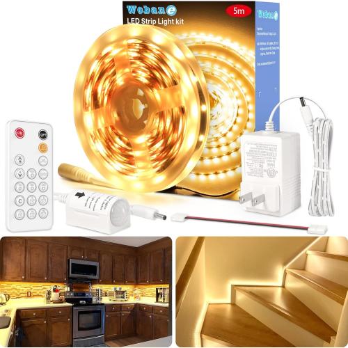 WOBANE LED Strip Lights, Motion Sensor Light Strip with Remote and Adapter, Night Light, Dimmable Function, 16.4ft Tape Lighting for Kitchen, Under Cabinet, Bedroom, Shelf, Bed, 3000K Warm White