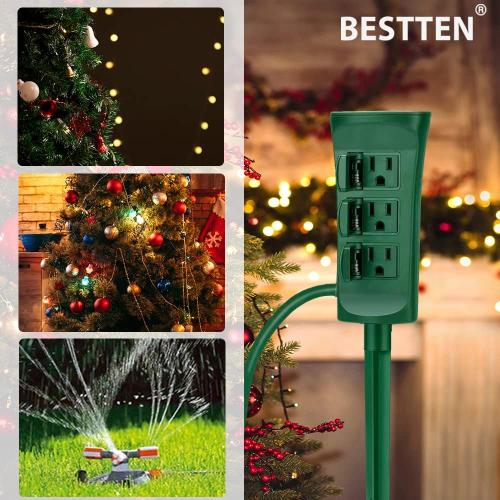 Size 30ft BESTTEN Outdoor Power Stake with 30ft Ultra Long Extension Cord, 3-Outlet Power Strip with Weatherproof Protective Covers, ETL Listed, Green