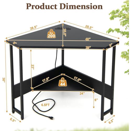 HOMGX Triangle Corner Computer Desk with USB Ports & Power Outlet, Modern Vanity Desk with Storage Shelf, Space Saving for Small Home Office, Black