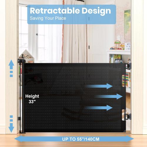HAMOPY Retractable Baby Gate, 33 Tall, Extends up to 55 Wide, Durable Auto-Lock Baby Gates for Stairs, Mesh Dog Gate and Child Safety Gates for Doorways, Hallways, Indoor, Outdoor(Black)
