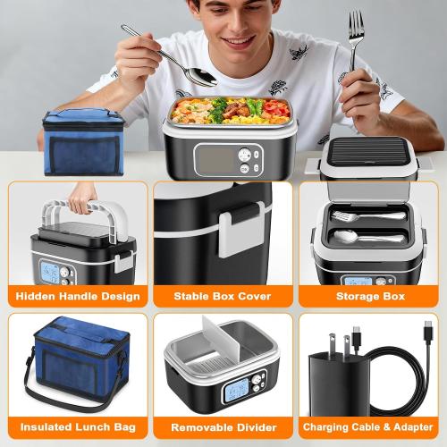 6.3-Cup Cordless Electric Lunch Box for Adults, 27000mAh Heated Lunch Box For Men Battery Powered with Automatic Heating, 100W Self-Heating Portable Food Warmer for Hot Meals Anywhere, Black