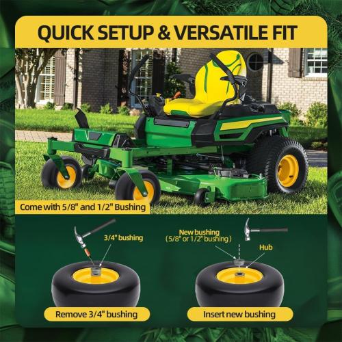 13x6.50-6 Lawn Mower Tires Flat Free with Rim Assemblies (2 Pack),Universal 13x6.5-6 Solid Smooth Rubber Zero-Turn Lawn mowers Tire,5.5-7.72”Centered Hub and 3/4 extra 5/8 1/2” Bushings