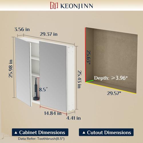 Keonjinn 30 x 26 Inch White Medicine Cabinet Mirror, Assembly Needed, in Wall Medicine Cabinets for Bathroom, Lightweight, Adjustable Shelves, Tempered Glass, Soft Closing, Recessed or Wall Mount