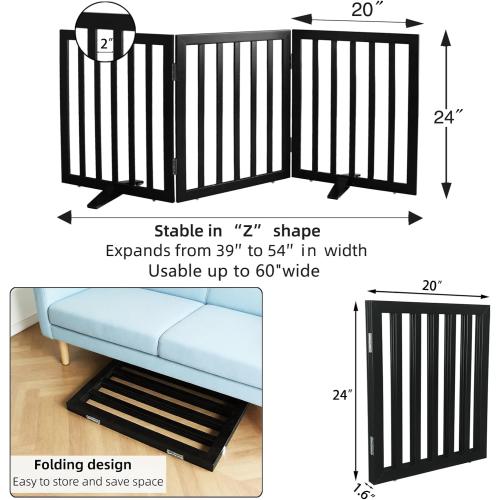 Dog Gate Indoor, Freestanding Dog Fence for The House, Doorways, Hallways,or Stairs,Pet Gate Foldable Wooden,Expandable 24 Height 3 Panels,Black