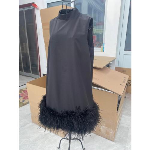 Size M PY-05 Women's Fluffy Ostrich Feather Hem Short Mini Dress Summer Sleeveless Turtleneck Loose fit Dresses