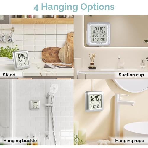 KADAMS Bathroom Clock 9.5 Kitchen Wall Clock with Large LCD Screen – Shower Clock with Suction Cup,Temperature, Humidity, Calendar – Water-Resistant, 4 Mounting Options, Silver
