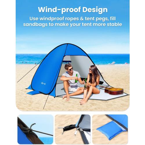 Blue Large Size Glymnis Pop Up Beach Tent Beach Shade Tent for 1-4 Persons Sun Shelter UPF 50  Enclose Zipper Door Portable Easy Up Beach Tent