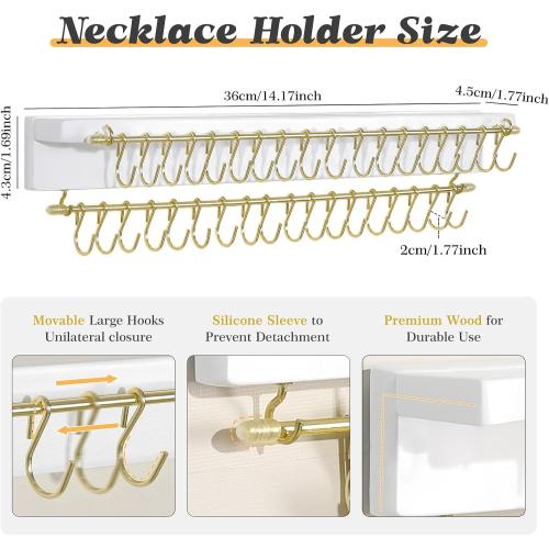 Necklace Holder Wall Mounted Necklace Organizer with 36 Hooks, Hanging Jewelry Organizer for Bracelets, Rings and Necklaces Display Storage for Girls and Women