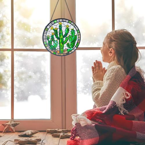 Cactus Decor Suncatcher Indoor/Outdoor Stained Glass Window Hanging - Handmade Stained Glass Suncatchers for Windows Hanging - Outdoor Garden Decor Gift for Women Christmas Thanksgiving Gifts