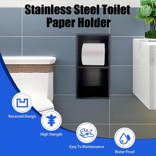 Recessed Toilet Paper Holder, 304 Stainless Steel Tissue Paper Holder, in Wall Tissue Toilet Roll Holder with Storage for Toilet, Bathroom, Kitchen & Hotel, 13.4″x7″x 6″, Matte Black