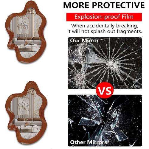 32x 21 Irregular Wall Mirror, Walnut Wooden Framed Asymmetrical Wall Mirror for Living Room Bedroom Entryway Bathroom Modern Decorative Hanging Hooks