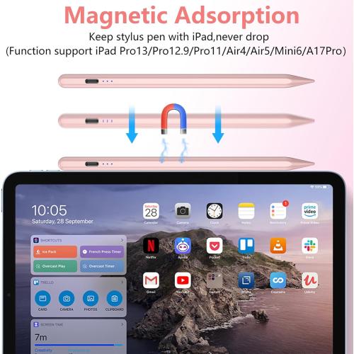 Stylus Pen for iPad 2018-2025, 15 Mins Fast Charge for Apple Pencil with Palm Rejection, Compatible with iPad 11/10/9/8/7/6, Pro M4/12.9(6/5/4/3)/11, Air M3/M2/5/4/3, Mini A17 Pro/6/5,Rose