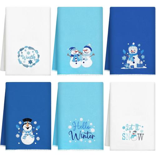 Geyoga 6 Pcs Winter Hand Towels Snowman Embroidered Blue Rustic Bathroom Towels for Winter Bathroom Kitchen Farmhouse Decor Gifts, 13.8 x 23.6 Inch
