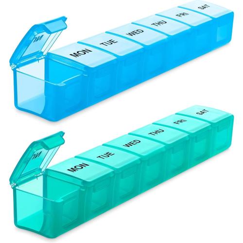 BUG HULL Weekly Pill Organizer Large 2 Packs, Extra Large Travel Pill Organizers, Pill Box 7 Day, Travel Pill Case, Medicine Pill Organizer for Vitamins, Supplements and Medications (Blue Green)