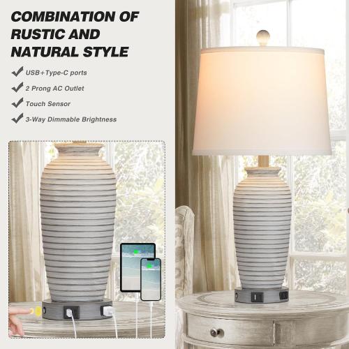 CINSARY 25 Farmhouse Jar Table Lamps Set of 2, 3 Way Touch Control Rustic Bedside Lamps with USB A C Ports & AC Outlet, Pot Nightstand Lamps for Bedroom Living Room (LED Bulbs Included)
