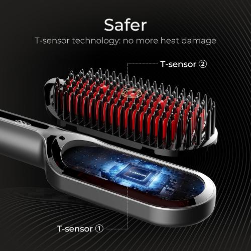 TYMO Hair Straightener Brush - Upgraded Ionic Plus Straightening Brush with Dense Bristles, 16 Temps, Dual Voltage | Ceramic Hot Comb for Women | Flat Iron for Thick Curly Hair, Black