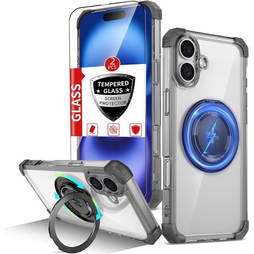 for iPhone 16 Plus Case Magnetic Compatible with MagSafe,with 2 Screen Protectors,Built-in Camera Cover Kickstand Ring,Military Grade Drop Shockproof Heavy Duty Protection Phone Bumper Black