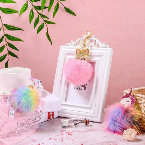 3 Pieces Animal Pom Pom Keychain Cute Fluffy Key Ring Unicorn Keychain for Women Bag Accessories