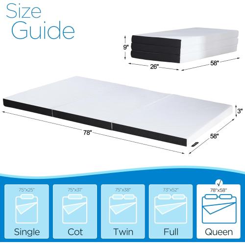 Folding Mattress Queen Size, 3 inch Tri-fold Memory Foam Mattress Topper with Washable Cover,Foldable Mattress Topper for Camping,Road Trip,Guest