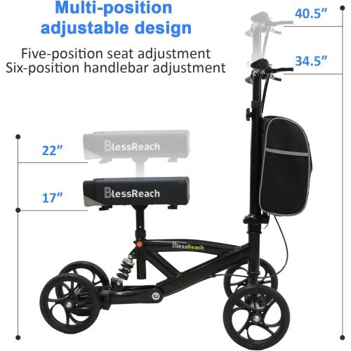 Steerable Knee Walker Deluxe Medical Scooter for Foot Injuries Compact Crutches, with Dual Rear on-Wheel Brake and Shock Absorption Under The Knee pad, Black