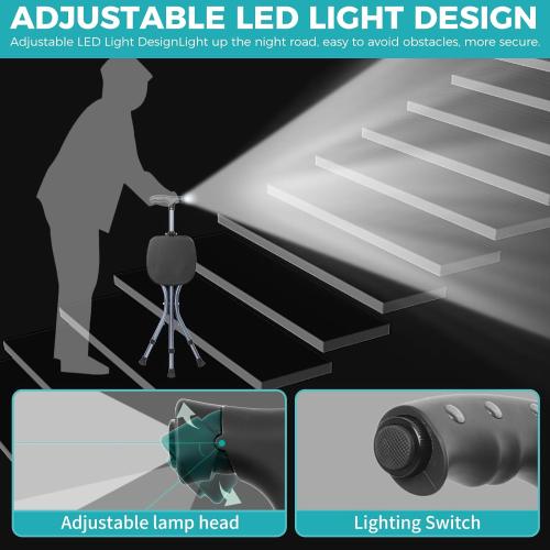 ENLUNTRA Portable Adjustable Folding Walking Cane with Seat and Cushion，Cane seat for Seniors with Magnetic Massage Handle, Lightweight Walking Cane with LED Light，Supports up to 330 Pounds