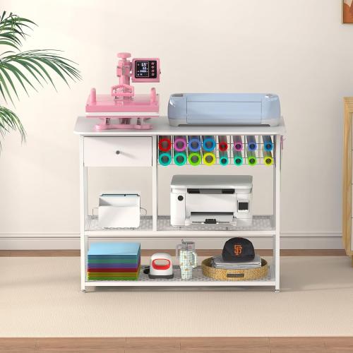 Extra Large Heat Press Table, Heat Press Stand Desk Cart with Vinyl Storage, Multi-Purpose Heavy Duty Metal Workbench for DIY Sublimation, T-Shirts Caps Mug & Tumbler Heat Transfer Projects