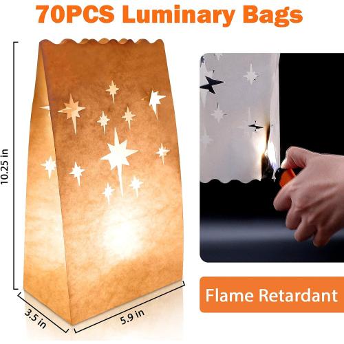 Ranslen 70PCS White Luminary Bags Fireworks Cutout Flame Resistant Halloween Candle Bags Paper Lantern Bags for Christmas Weddings Birthday Party Thanksgiving Decoration Use with Tealights