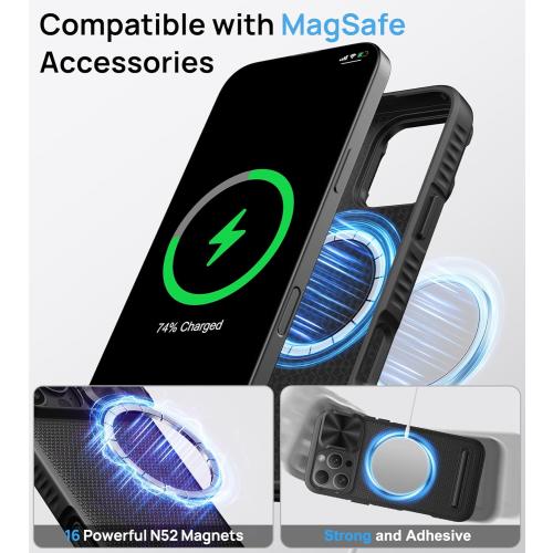 for iPhone 16 Pro Case Built-in Slide Camera Cover, Military-Grade Protection, Slim Compatible with MagSafe, Magnetic with Stand, Men Women Protective Phone Case for iPhone 16 Pro, Black