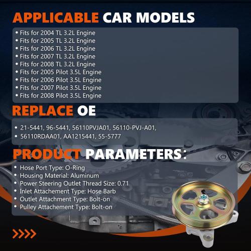 21-5441 Power Steering Pump with Pulley Fits for 2004 2005 2006 2007 2008 TL 3.2L, for 2005-2008 Pilot 3.5L, OE-Quality Power Assist Pump, Replace OE 56110PVJA01