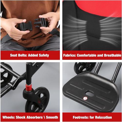 Wheelchairs for Adults,Transport Wheelchair Lightweight Foldable with Removable Cushion,Ergonomic Transfer Chair with 11-inch Rear Wheels for All Terrains,Travel Wheelchair,Red